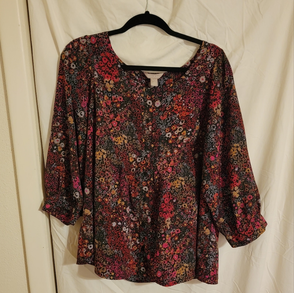 White Stag Red Multi Print 3/4 Sleeve Button Down Blouse Size XL
